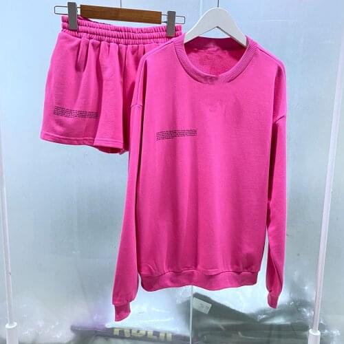 Womens Solid Sweatsuit Set 2 Piece Outfits Long Sleeve Crewneck Pullover Tops and Drawstring High Waist Sweat Shorts Summer