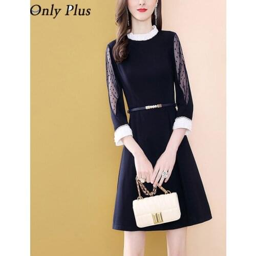 Only Plus OL Women Black Dress Mesh Pearl Spring O-Neck Fashion Sashes High Waist A-Line Dresses Knee-Length Splic Blue Dress