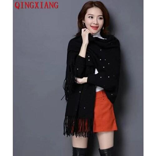2019 Outside Street Wear Solid Shinny Crystal Scarf Winter Luxury Cashmere Poncho Women Female Long Sleeves Cloak Vintage Shawl