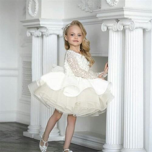 Ivory White Long Sleeve Girls Dresses Puffy Tulle Flower Girl Dress Kids Clothes Children Birthday Gown Photography