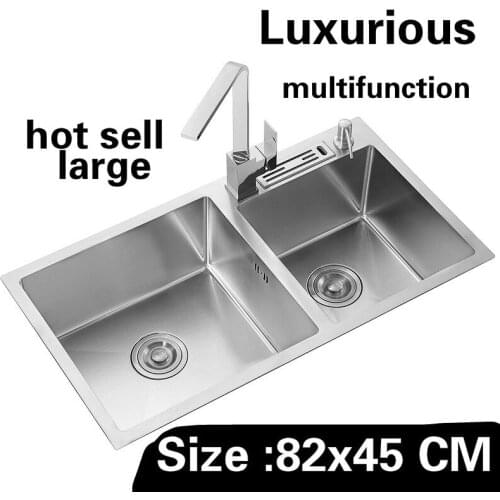 Free shipping Apartment kitchen manual sink double groove luxury do the dishes 304 stainless steel hot sell large 82x45 CM