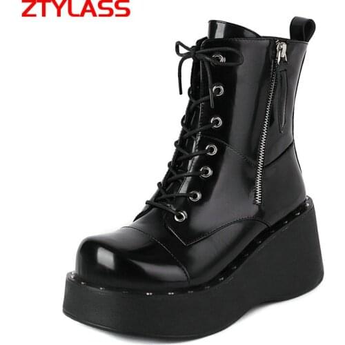 Fashion Black Women Boots Autumn Platform Ankle Boots Wedges Heel Short Boots Side Zipper Winter Woman Boots Shoes Big Size 42