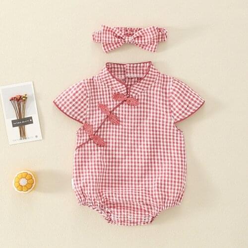 Newborn Infant Summer Clothes Fashion Chinese Style Red Plaid Short Sleeve Bodysuits Toddler Cute Cheongsam Thin Bodysuit
