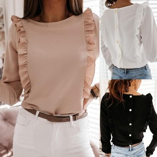 Women Casual Solid Color Long Sleeve Ruffled Edge Back Shirt Top