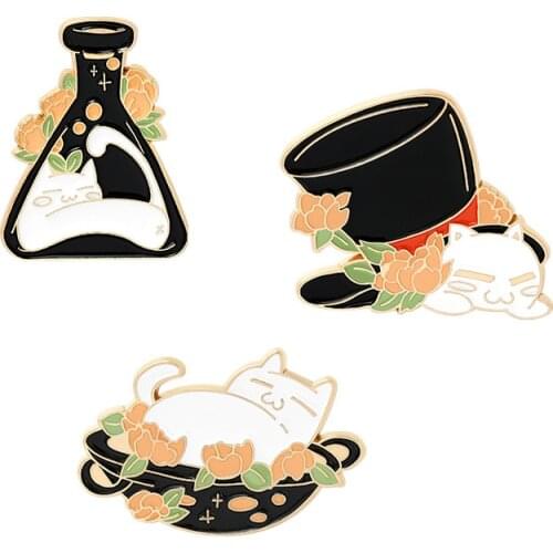 HOSENG Lazy Fat White Cat Pink Rose Black Pan Cartoon Alloy Brooch Cute Animals Jewelry Enamel Pin Lapel Fashion Badge HS_207