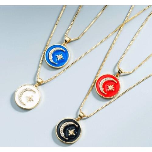 Korean Version of Ins Fashion Charm Gold Necklace Jewelry Star Moon Multicolor Round Clavicle Pendant Necklace Lady Girl Gesture