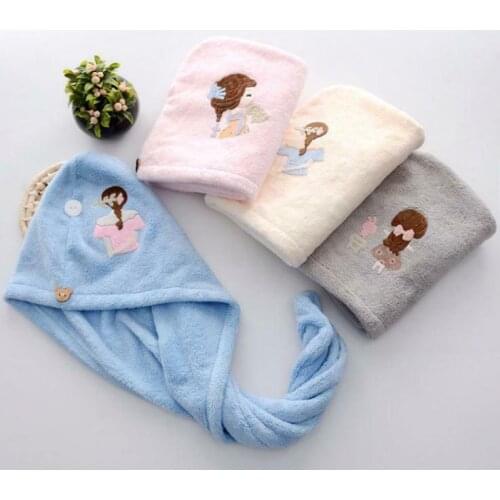 Newest Arrival Triangle Dry Hair Towel Button Decorated Cartoon Character Embroidery Absorbent Durable Hair Twist
