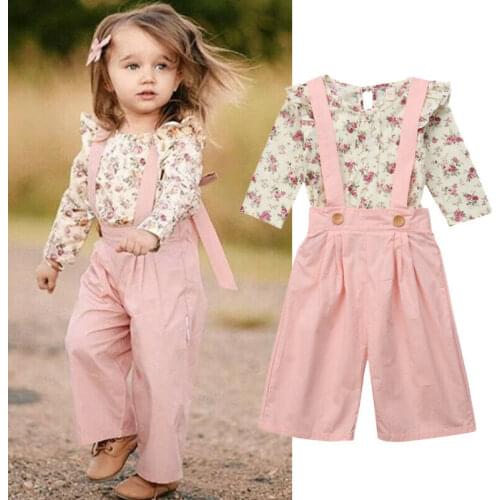 Autumn Kids Baby Girl Clothes Floral Long Sleeve Tops T-shirt Bib Strap Overalls Pants 2pcs Outfits Cotton Casual Clothing 1-5T
