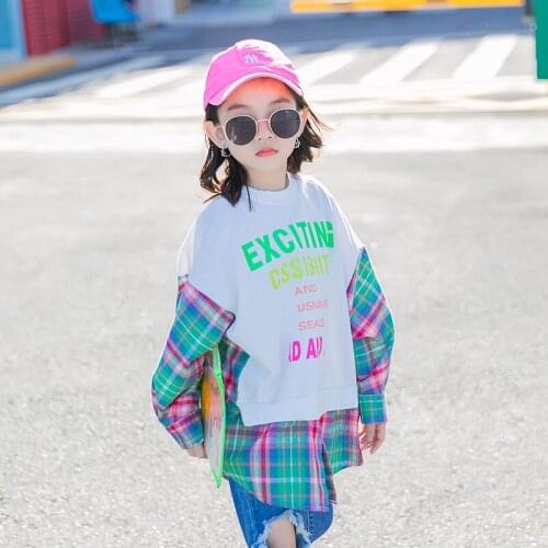 Girls Pullover Fashion Teen Girls Blouse Plaid Letter Printing Patchwork Cotton Tops Long Sleeve Children Outfit 6 8 10 12 Years