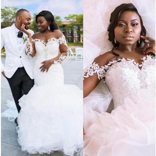 Plus Size African Wedding Dresses Illusion Long Sleeves Sheer Neck Crystal Beads Lace Ruffles Organza Bridal Gowns Gorgeous