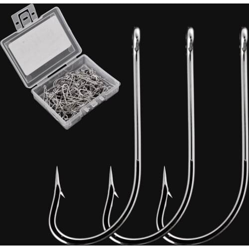 100pcs/ Box Jig Hooks Stainless Steel Big Long Shank Fishing Hooks Sea Pint Hook Fishhook Set with Eyes Barb Fishing Accessories