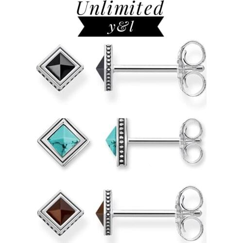 Africa Pyramid Stud Earrings 925 Sterling Silver Black Blue Brown Square Ear Stud Thomas Fashion Good Jewelry for Women Men Gift