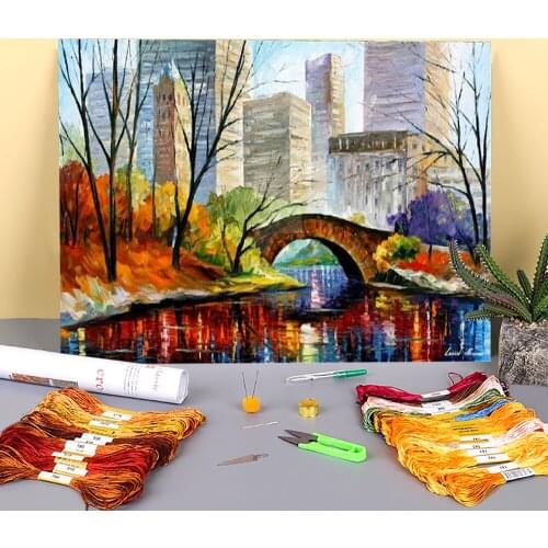 Central Park - New York City Printed Fabric 11CT Cross-Stitch Embroidery Set DMC Threads Painting Hobby Craft Decor