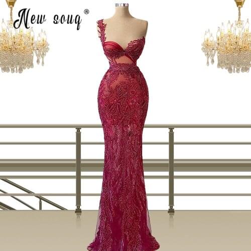 Gorgeous Red Robe De Soiree Beads Cocktail Dresses 2021 One Shoulder Mermaid Evening Gowns Celebrity Dresses Pageant