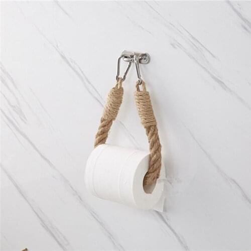 New Creative Handmade Retro Toilet Hemp Rope Wall-Mounted Tissue Roll Holder Toilet Paper Storage Rack Stainless Steel Hook