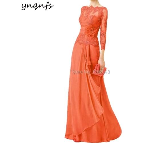 YNQNFS P16 Boat 3/4 Long Sleeve Gown Orange Vestido de Festa Appliques Crystal Beaded Lace Bridesmaid Chiffon Dress 2019