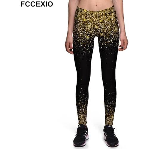 FCCEXIO Black Gold Sequins Print Sexy High Waist Elasticity Leggings Push Up Strength Pants Gym Fitness Women Seamless Trousers
