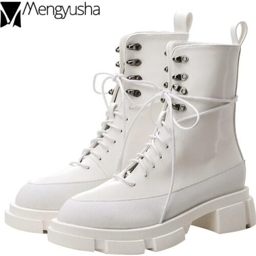 Famous designer rubber platform boots women front lace up rivets buckle chelsea booties white leather creepers ankle botas mujer