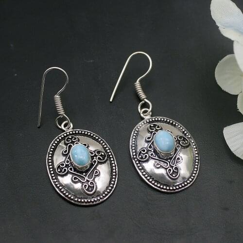 Hermosa Adorable Unique Natural Blue Larimar Earrings For Women Fashion Jewelry 1 7/8 Inch A762