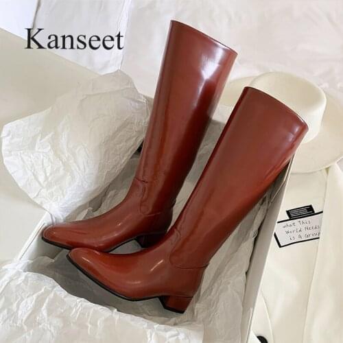 Kanseet Fashion Long Boots 2021 Autumn Winter New Women Knee-High Boots Pointed Toe Slim Handmade Mid Heels Shoes Black Size 40