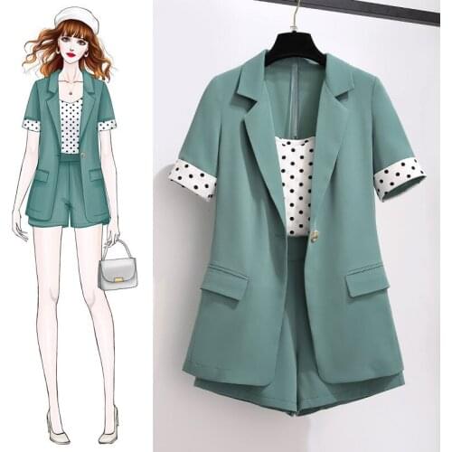 2021 New Summer Women Three Piece Sets Office Polka Dot Tops + Shorts Solid Pants Female Work Ladies Suit Casual Plus Size H142
