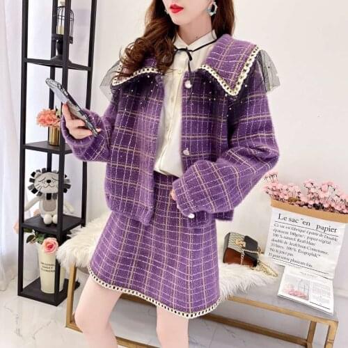 Autumn Winter New Imitation Mink Fur Cardigans Sweater Suits Womene Full Sleeve Elegant Jacket Skirt Knitted Two-piece Set Femme