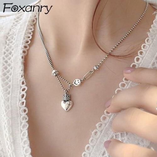 FOXANRY 925 Sterling Silver Splicing Chain Necklace for Women New Trendy Elegant Vintage LOVE Heart Thai Silver Party Jewelry