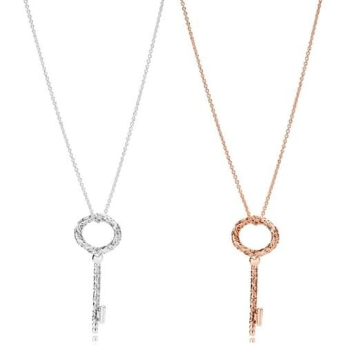 2 Designs Silver & Rose Golden Regal Key Necklaces for Women Fashion Long Chain Silver 925 Jewelry Simple Pendant Necklaces Girl