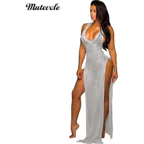 Mutevole Women See Though Summer Beach Dress Sexy High Split Mesh Cover Up Dress Sleeveless Solid V Neck Transparent Sundress