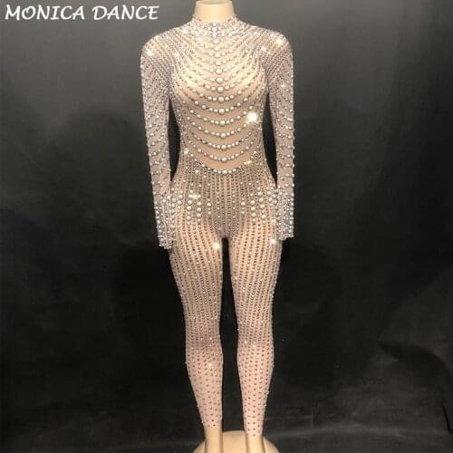 Women Sexy Stage Bling Dj Jumpsuit Net Yarn Full Of Sparkling Crystals Pearls Bodysuit Nightclub Party Dancer Singer Stage Wear