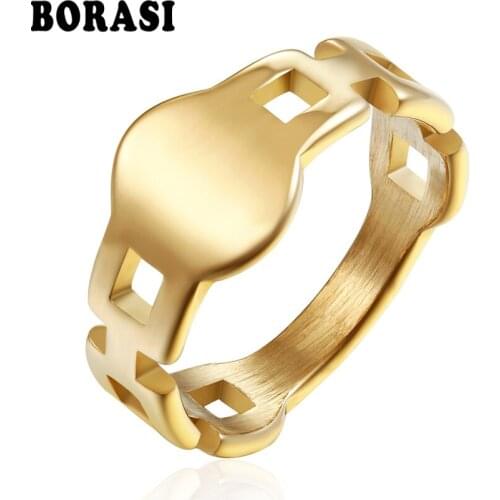 BORASI Brand New Round Shaped Vintage Ring Gold-Color Stainless Steel Rings For Women Anniversary Fashion Jewelry Wedding Ring