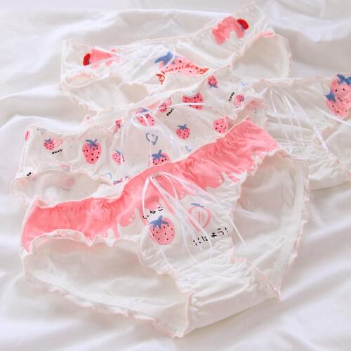 5Pcs/1lot Kids Girls Strawberry Printed Underwear 2021 New Teenage Cute Briefs Ruffle Lace Cotton Underwear Young Student Briefs