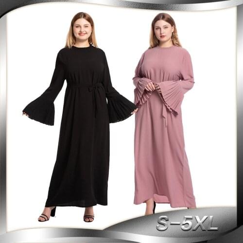 Abaya Large Size New Womens Round Neck Pleated Stitching Flared Sleeve Slim Womens Long Muslim Elegant Kimono Pakistani Gown