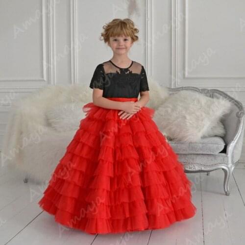 Amaya Short Sleeves Ruffles Flower Girls Dresses Lace Appliques Pageant Communion Birthday Girl Christmas Gowns Vestido de Niña