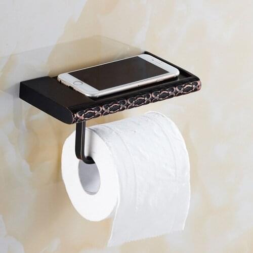 Bathroom Paper Holder Tissue Holder Copper Black Oil Brushed Carved Toilet Paper Rack with Phone Shelf Hardware Storage holder