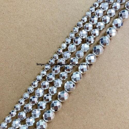Faceted Shining Silver Plated Natural Hematite Stone Beads 4 6 8 10 MM 15" Per Strand