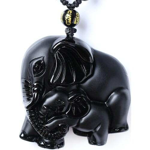 Chinese Handwork Natural Black Obsidian Carved Mother Baby Cute Elephant Amulet Lucky Pendant Necklace Fashion Jewelry Healing