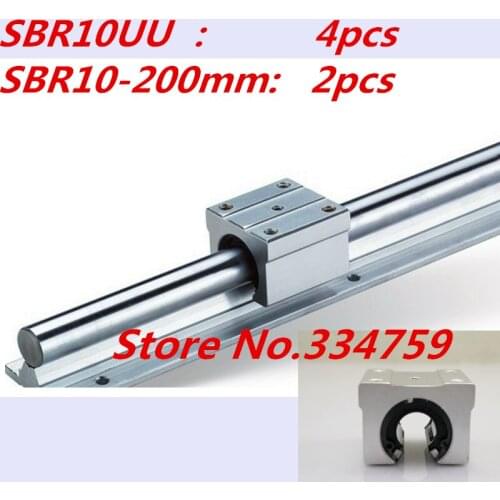 2 pcs SBR10 200mm linear rail diameter 10mm Linear Guide Support Rails for cnc parts 4 pcs SBR10UU