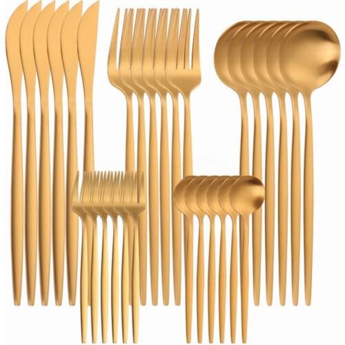 Matte Golden Cutlery Set 30Pcs Forks Knives Spoons Stainless Steel Cutlery Set Home Kitchen Tableware Set Gold Dinnerware