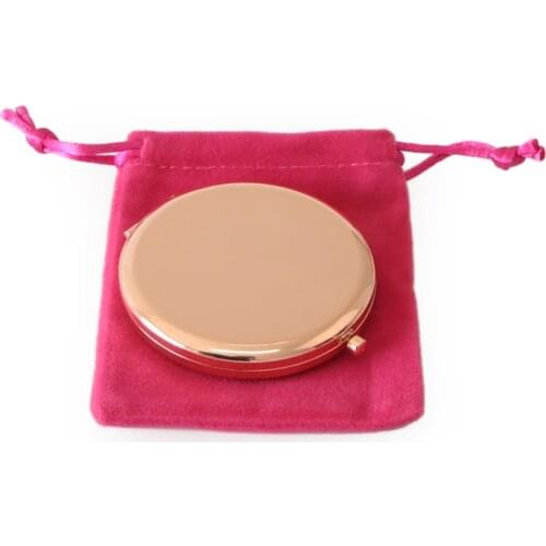 Fashion Colour Rose Gold Metal Pocket Mirror Round Compact Cosmetic Mirror with Pink Lovely Velvet Bag Makeup Mirror Set