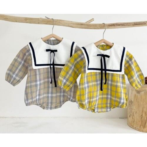 2021 New Fashion Long Sleeve Bodysuit Autumn Boys Plaid Overalls Outfits Toddler Girls Spring Jumpsuit Navy Collar Clothes
