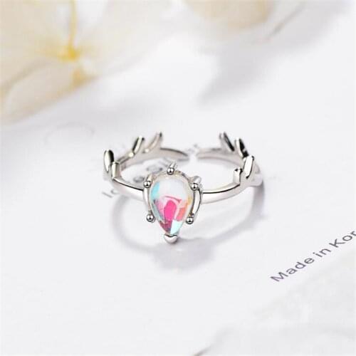 New Personality Beautiful Colorful Moonstone Deer 925 Sterling Silver Jewelry Elk Branch Antler Women Opening Rings SR446