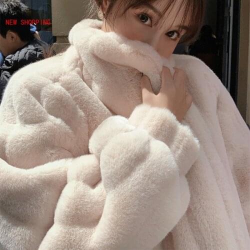 Autumn Winter Faux Fur Furry Coat Womens Winter Mid-length Stand-up Collar Plush Fleece Mink Fur Loose Korean Warm Coats Pink