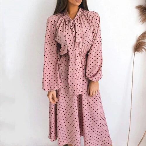 2021 New Casual Retro Dots Lace Up Bow Dress For Women Tie Collar Spring Autumn Womens Long Sleeve Black Polka Dot Midi Dress