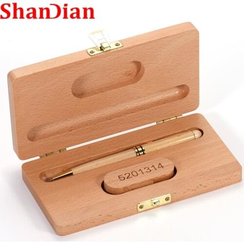 SHANDIAN Exquisite Gifts Box USB 2.0 Flash Drive 4GB 8GB 16GB 32GB 64GB 128 Pen Drives Wooden Memory Stick Custom logo Ballpoint