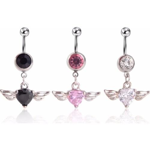 Starbeauty 1pc/order 14G White Heart Navel Piercing Ombligo, Zircon Angel Wing Belly Button Rings Body Piercing Nombril Jewelry