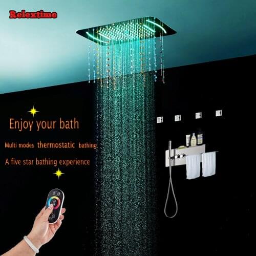 Crystal quartz Nozzle Glow LED Ceiling Shower Head Bathroom Concealed Thermostatic Shower Panel With Towel Shelf Massage Jets