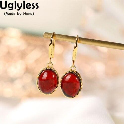 Uglyless Natural Blood Red Amber Earrings for Women Simple Blank Gemstones Fashion Jewelry Real 925 Silver Brincos Gold Bijoux