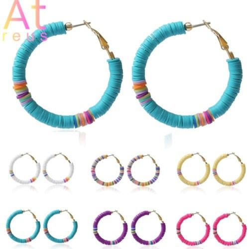 Bohemian 5cm Diameter Polymer Clay Hoop Earrings Soft Pottery Round Circle Earrings Colorful Surfer Beads Handmade Women Jewelry