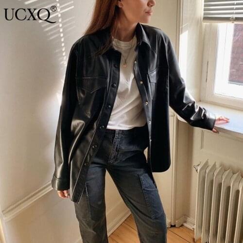 UCXQ Woman Short Jacket PU Belt Pockets Lapel Collar Single Breasted Long Sleeve Loose Biker Style 2021 New Autumn 23XF296